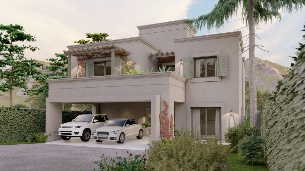 Vista de casa con garage. Diseño Tropyco