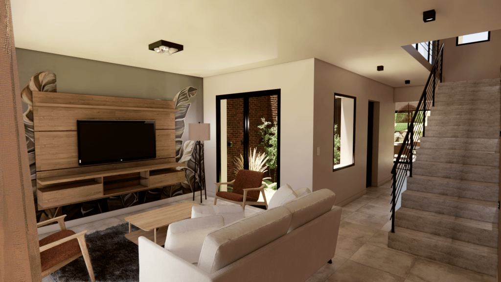 Interior living y escaleras dúplex. Diseño Tropyco